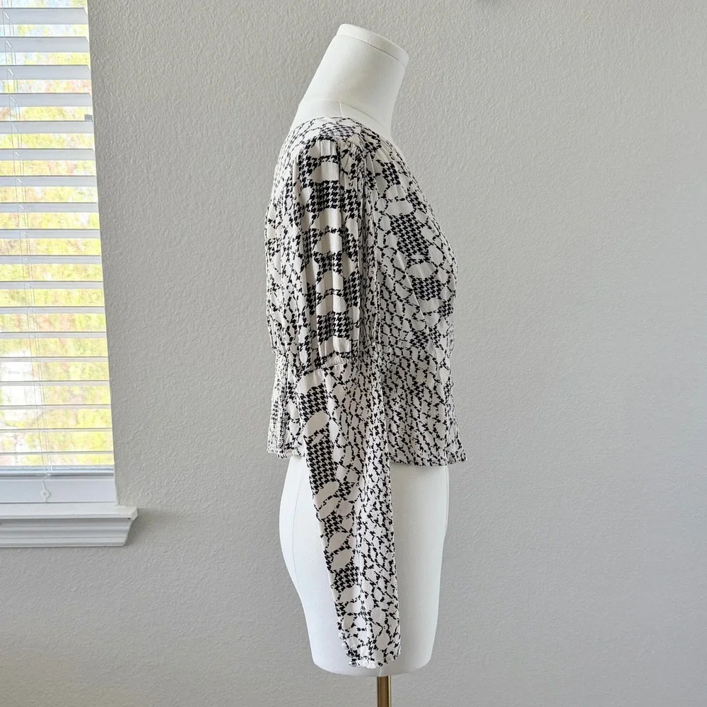 Free People Blouse Houndstooth Snakeskin Puff Long Sleeve Victorian Dark Boho S